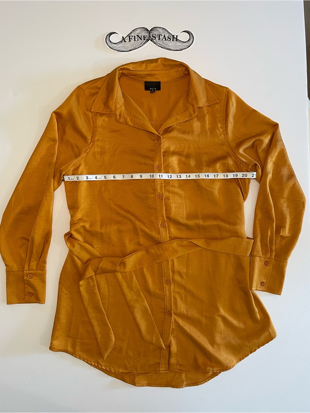 Olia Long Sleeve Satin Tie-Waist Button-up Shirt Mini Dress Large Mustard Yellow